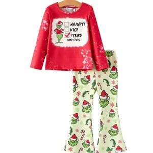 NWT Boutique Butter Soft Girls Festive Red And Green Grinch Holiday Set.
